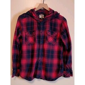 Aritzia TNA Hooded Boyfriend Fit Flannel Shirt Pink Navy Plaid‎ Small Cozy Layer